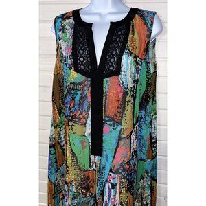 ALI MILES Sz MEDIUM Crochet Trim Sleeveless Hi-Low Abstract Print Tunic EUC